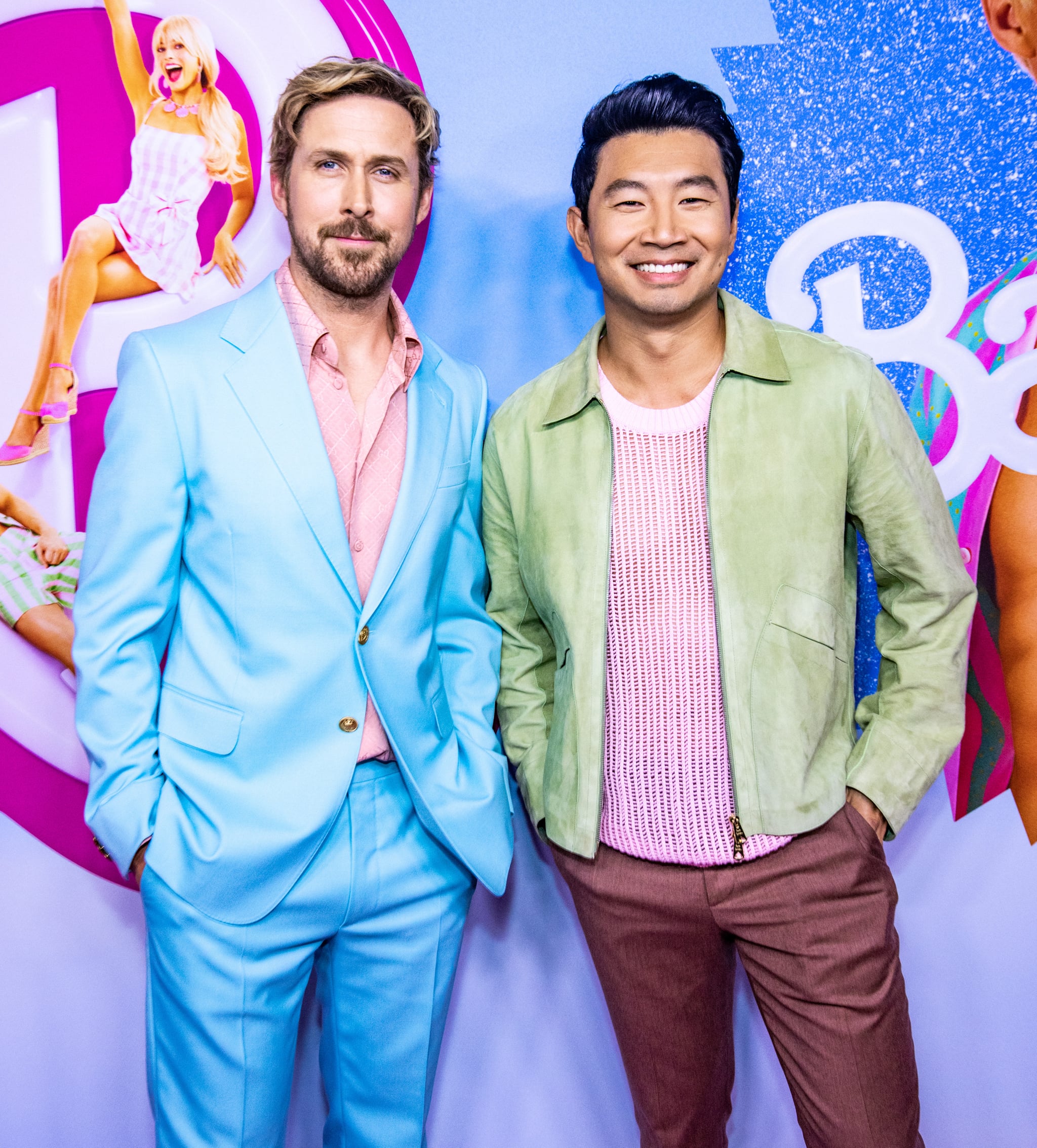 TORONTO, ONTARIO - JUNE 28: (L-R) Ryan Gosling and Simu Liu attend a "Barbie" press event in Canada.