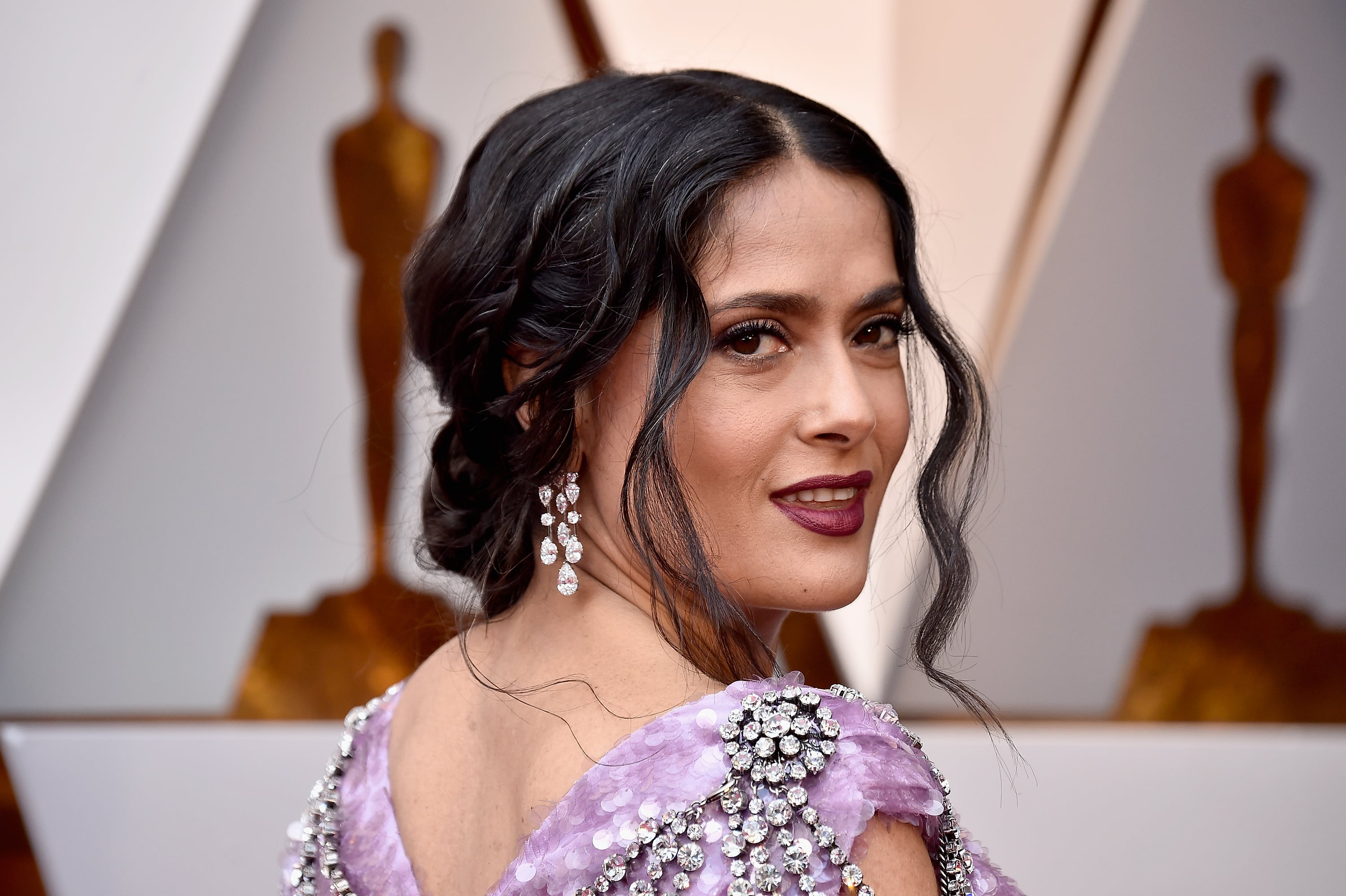 salma hayek purple gucci dress Salma Hayek Purple Gucci Dress at Oscars 2018