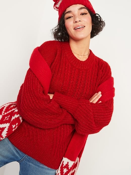 Cozy Cable-Knit Blouson-Sleeve Sweater