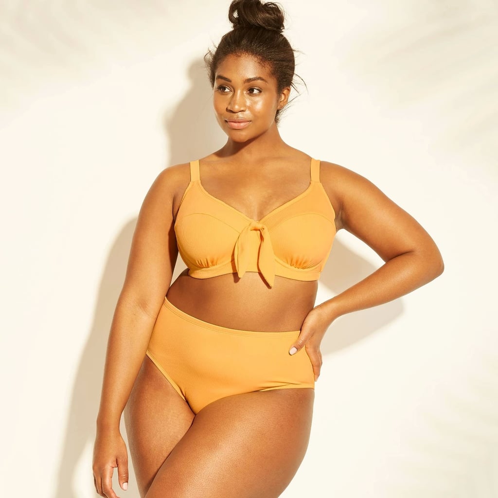 Plus-Size Tie Front Textured Underwire Bikini Top and Textured High-Waist Bikini Bottoms