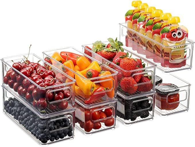 Set Of 8 Stackable Plastic Food Storage Bins - Refrigerator Organizer with Handles