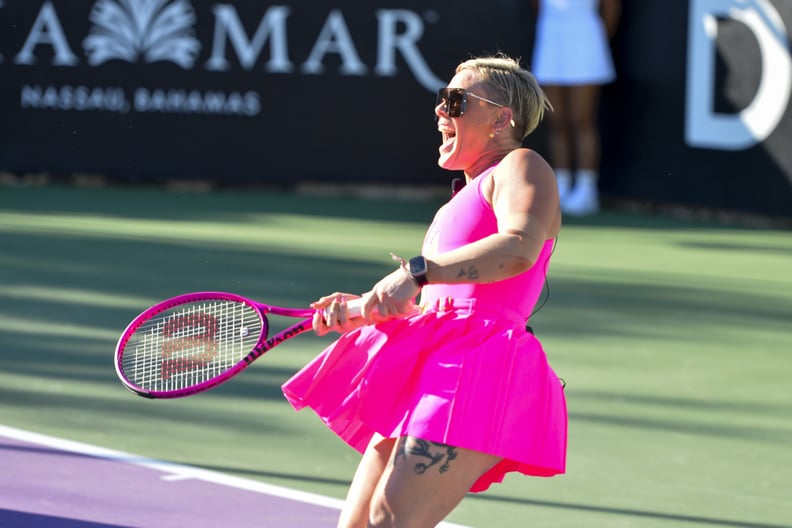 LA QUINTA, CALIFORNIA - MARCH 07: P!nk competes during the 19th Annual Desert Smash, a charity tennis celebrity tournament benefiting Playing for Change Foundation, at La Quinta Resort and Club, A Waldorf Astoria Resort on March 07, 2023 in La Quinta, Cal