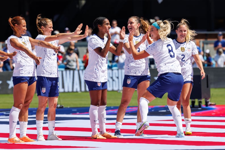 SAN JOSE, CA - JULY 9: Julie Ertz #8 of USA with teammates during a send-off celebration after an international friendly game between Wales and USWNT at PayPal Park on July 9, 2023 in San Jose, California. (Photo by Bob Drebin/ISI Photos/Getty Images).