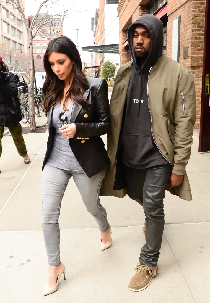 On a trip to NYC, Kim dressed up denim, and Kanye dressed down his.