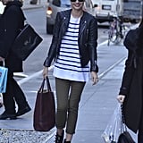This effortless mix of edgy leather and preppy stripes provides a cool contrast on an everyday look.