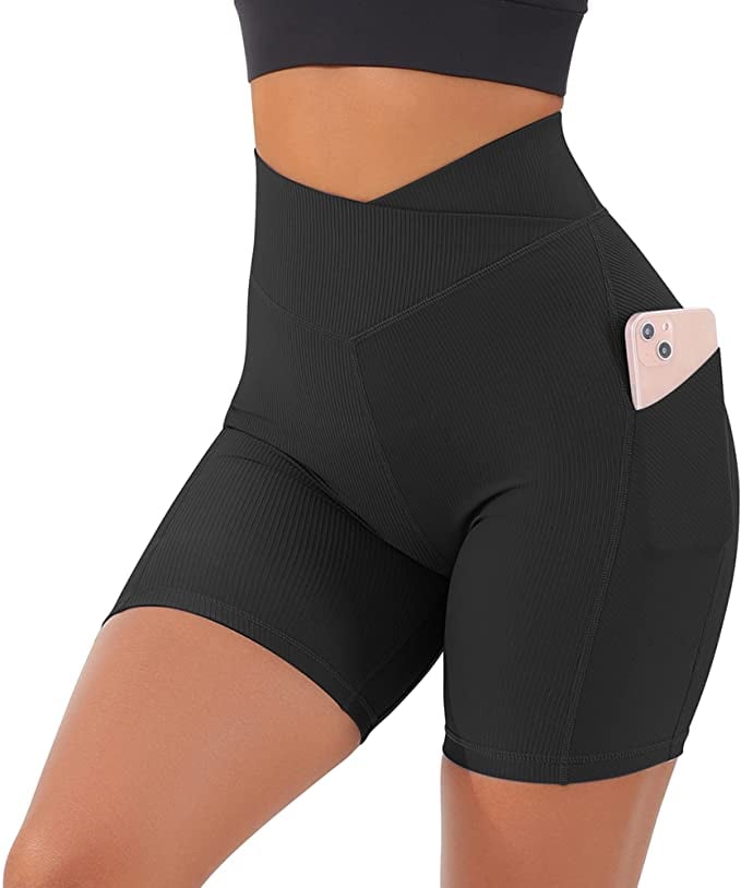 Workout Clothes: RXRXCOCO Ribbed Cross Waist Workout Short with Pockets