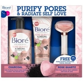 Biore Rose Quartz Charcoal Cleanser and Exfoliating Scrub with Facial Roller