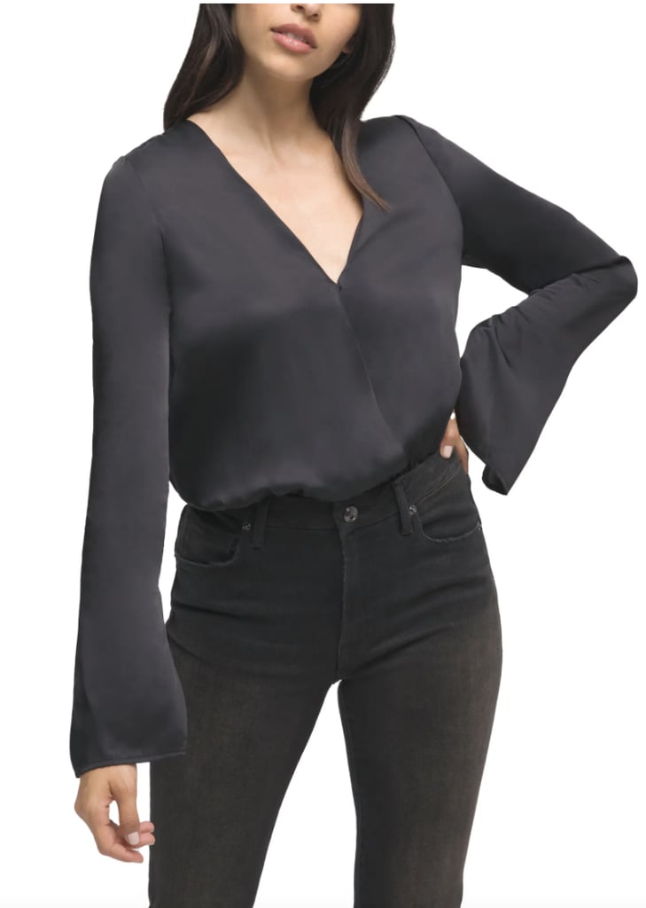 Good American Wrap Front Long Sleeve Satin Bodysuit