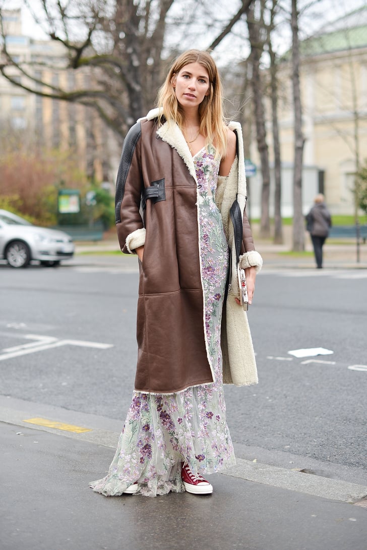 With a Pretty Maxi Dress and a Long Leather Coat How to Wear Converse