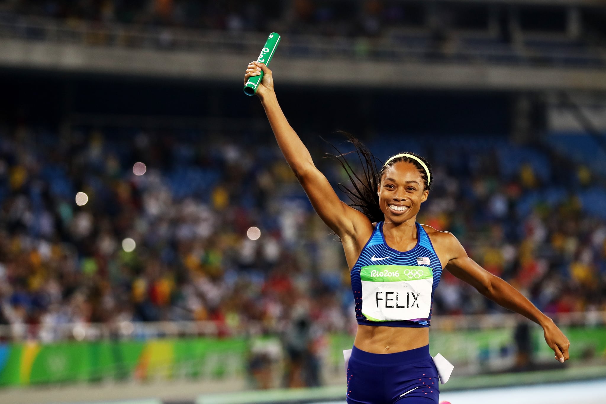 RIO DE JANEIRO, BRAZIL - AUGUST 20:  Allyson Felix of the United States reacts after winning gold during the Women's 4 x 400 meter Relay on Day 15 of the Rio 2016 Olympic Games at the Olympic Stadium on August 20, 2016 in Rio de Janeiro, Brazil.  (Photo by Ezra Shaw/Getty Images)