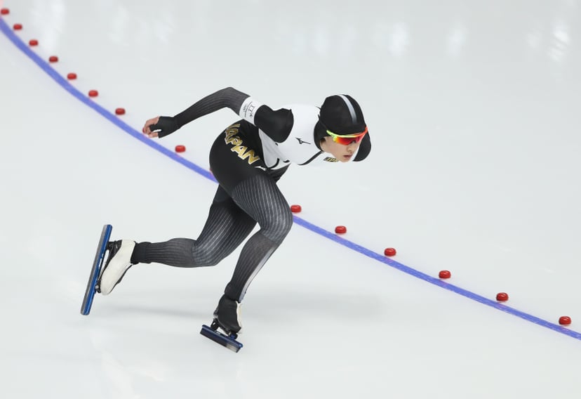 Olympic speed skater wearing protective glasses