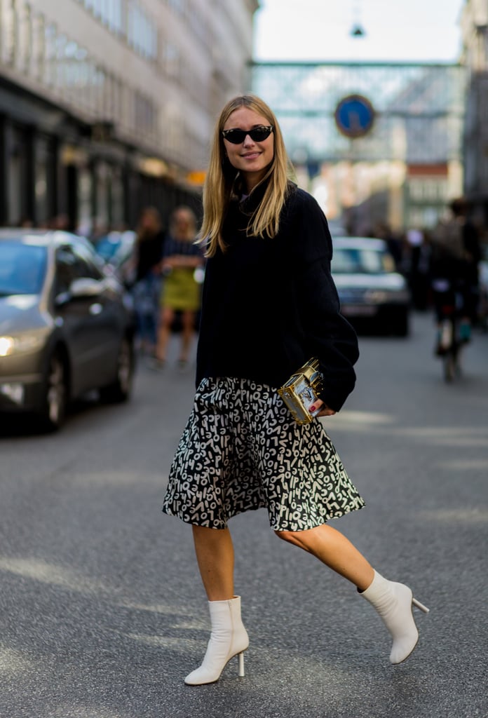 Choose a graphic printed skirt and style it with your favorite knitted sweater.