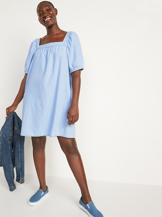 Old Navy Puff-Sleeve Light-Wash Jean Mini Swing Dress