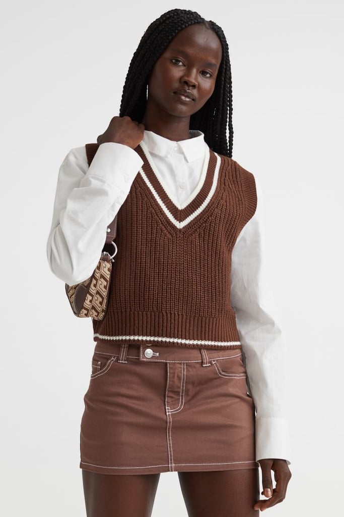H&M Rib-Knit Sweater Vest in Dark Brown/White