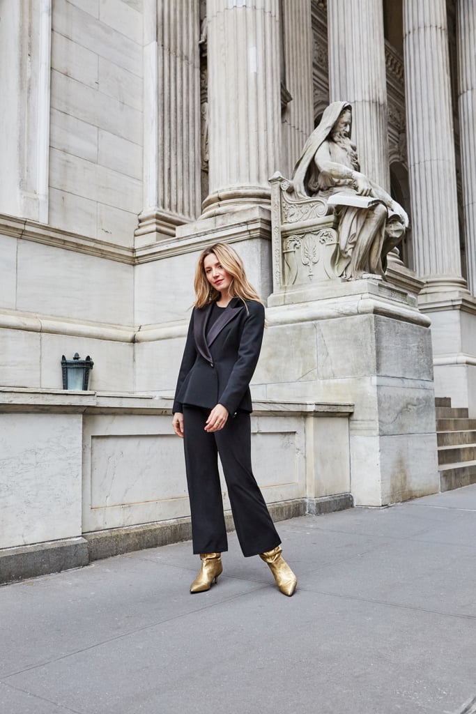 Affordable & Festive Outfit Formula: Jumpsuit + Blazer + Boots + Bag + Jewelry
