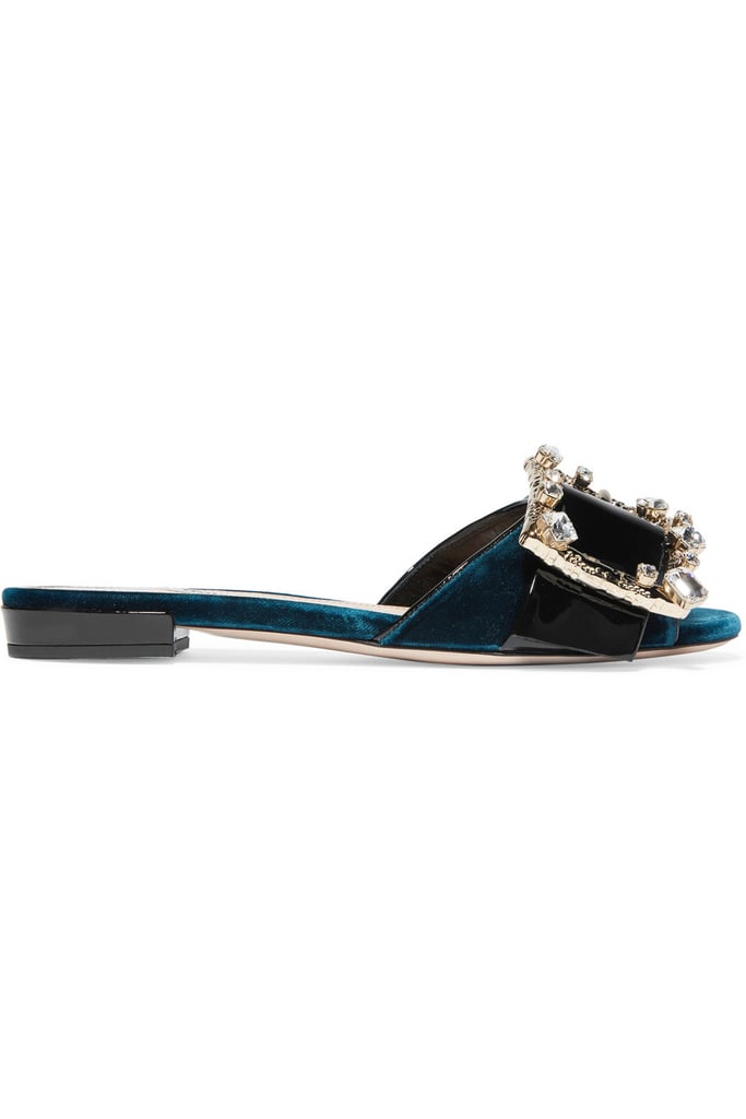 Miu Miu Crystal-Embellished Patent-Leather and Velvet Mules ($790)
