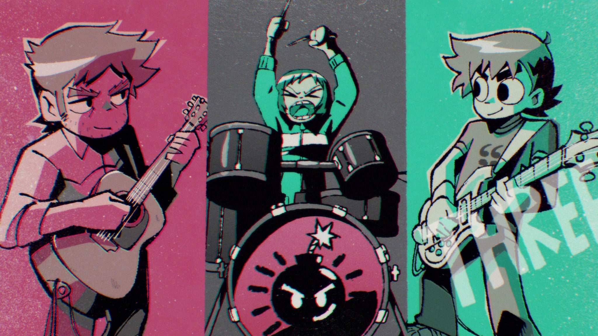Scott Pilgrim Takes Off (L to R) Mark Webber as Stephen Stills, Alison Pill as Kim Pine and Michael Cera as Scott Pilgrim in Scott Pilgrim Takes Off. Cr. COURTESY OF NETFLIX © 2023