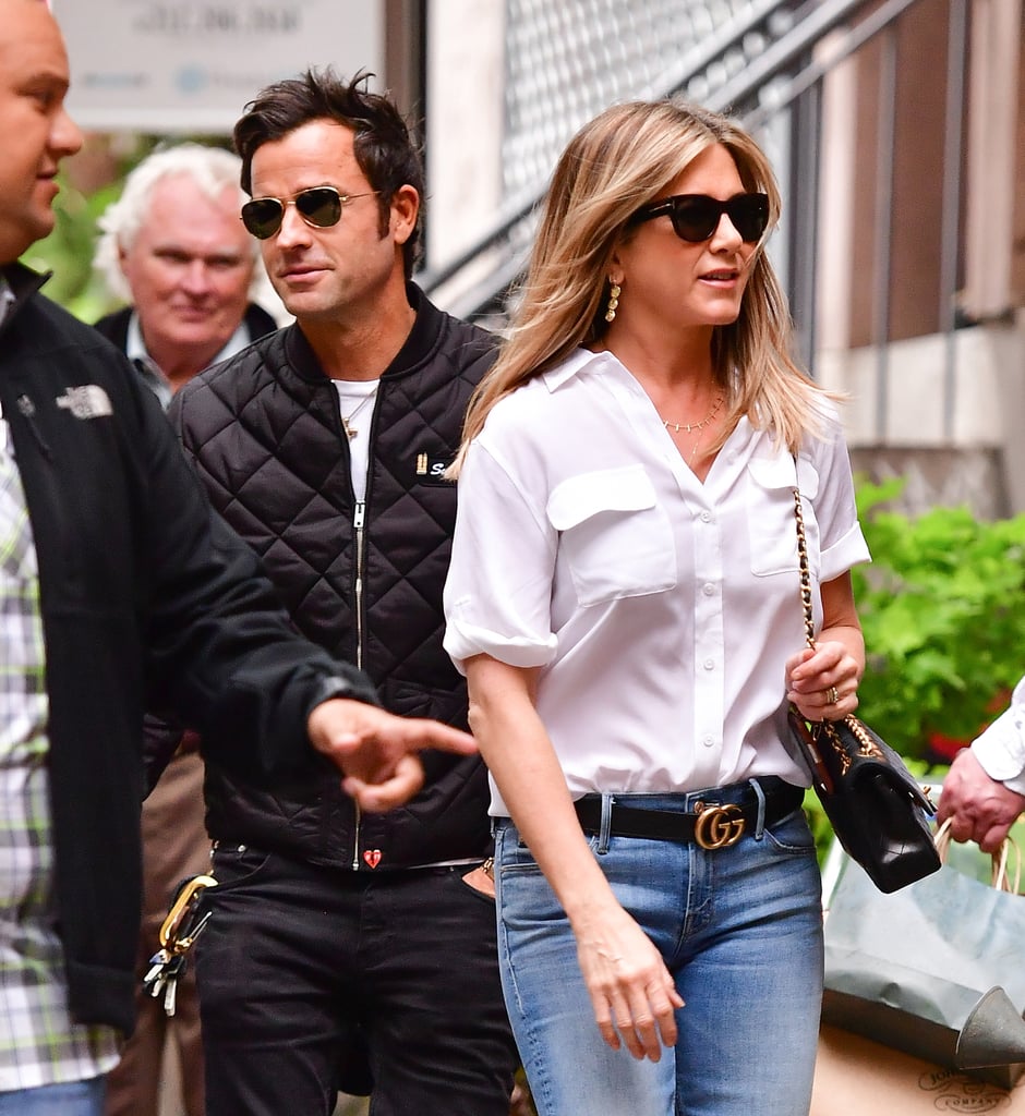 While out with ex Justin Theroux in September 2016, Jen wore the purse with a white-button down, jeans, and a Gucci belt.