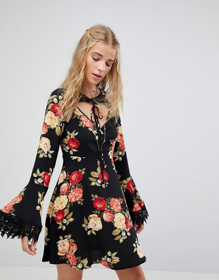 Kiss The Sky Tea Dress In Floral With Tie Neck Detail