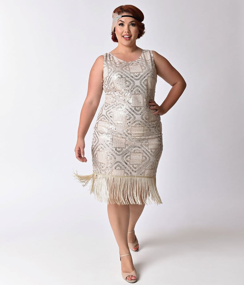 Unique Vintage Champagne & Silver Sequin Fringe Dress