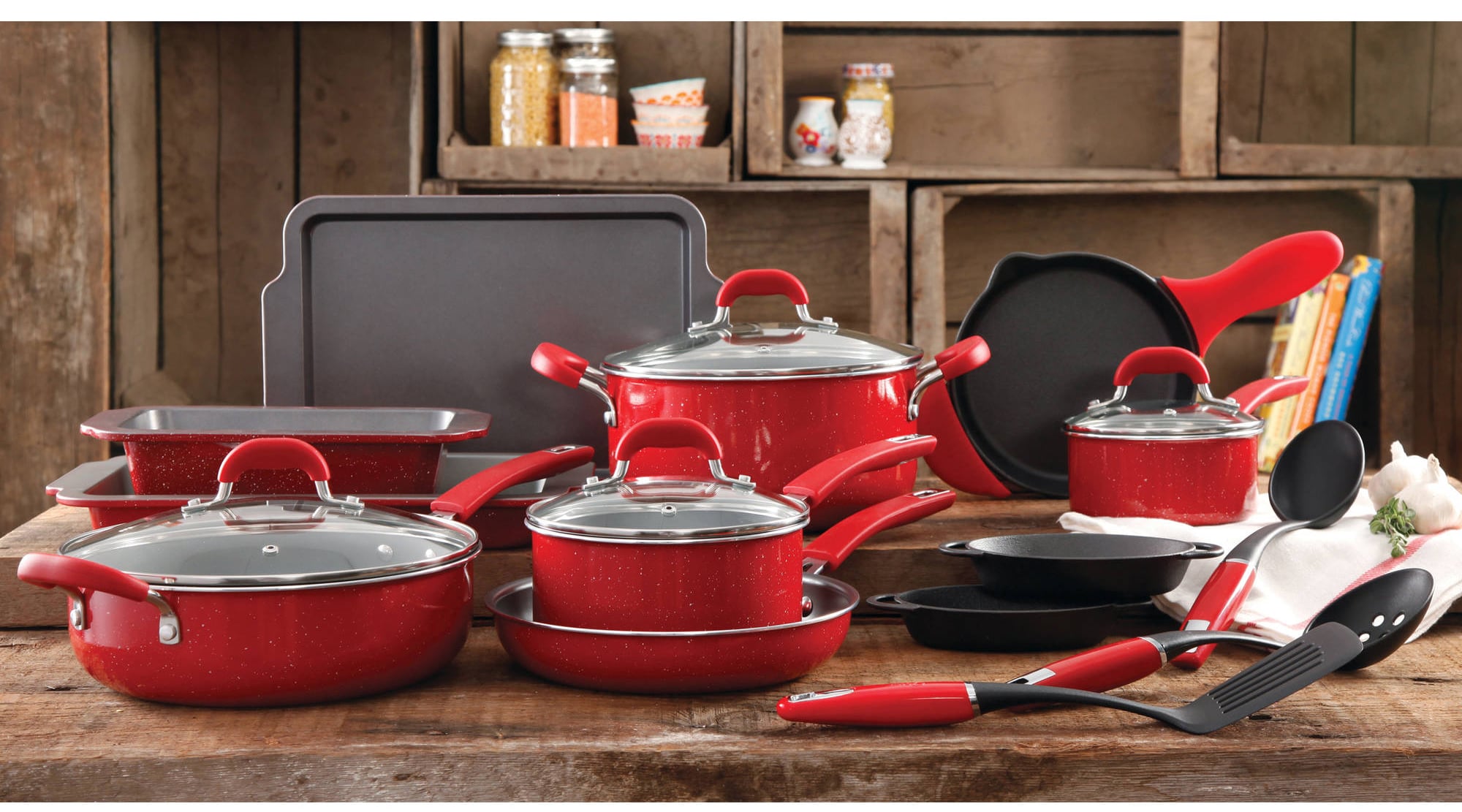 The Pioneer Woman Frontier Speckle 24-Piece Cookware Combo Set Red
