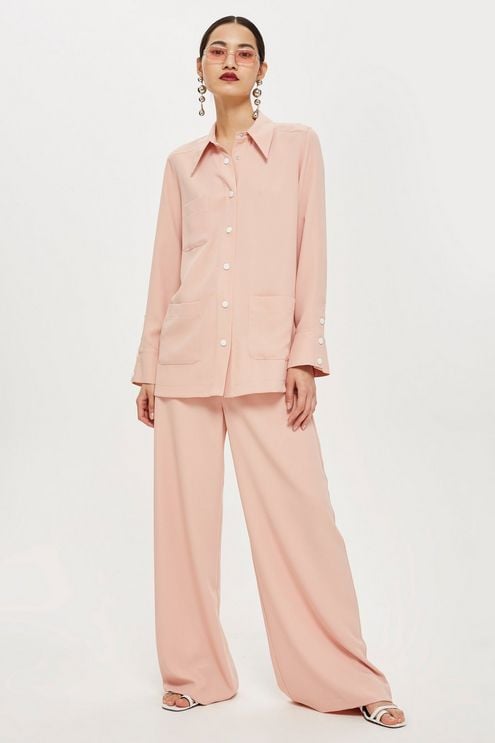 Pink Long-Sleeve Shirt and Wide-Leg Trousers