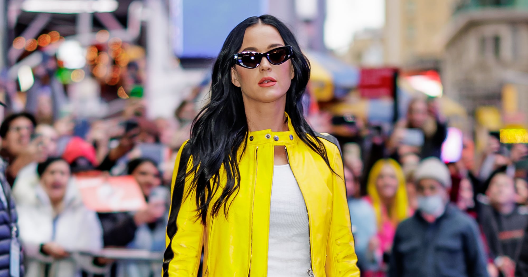 Katy Perry's Low-Rise Jeans and Yellow Moto Jacket in NYC | POPSUGAR ...