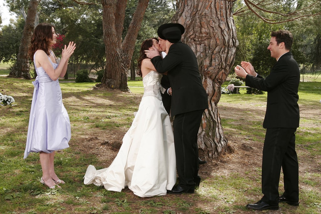 Marshall and Lily's wedding has its fair share of mishaps (like Marshall's bald patch covered up by a fedora), so they elect to have a private ceremony with just Ted and Robin in attendance and Barney as officiant.