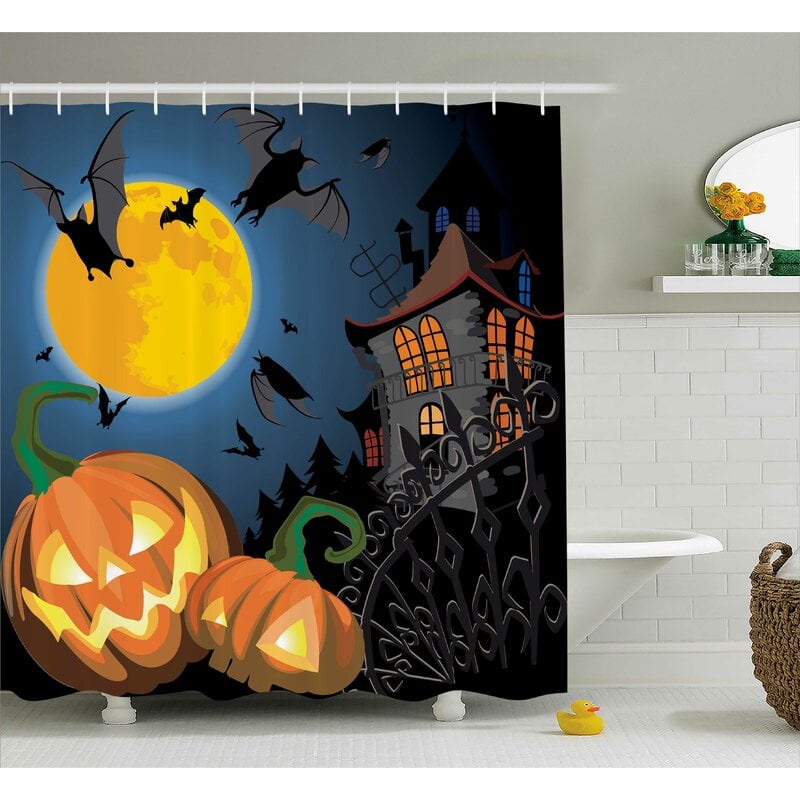 For the Bathroom: Halloween Decor Moon Pumpkin Shower Curtain + Hooks