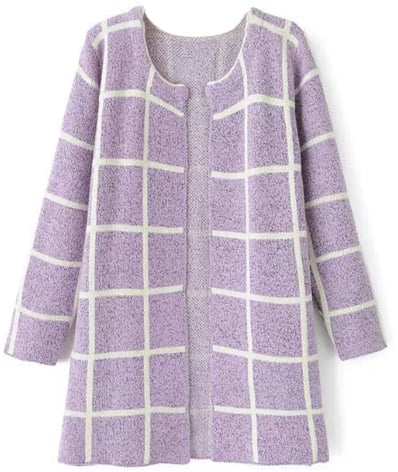 Open Front Purple Check Cardigan