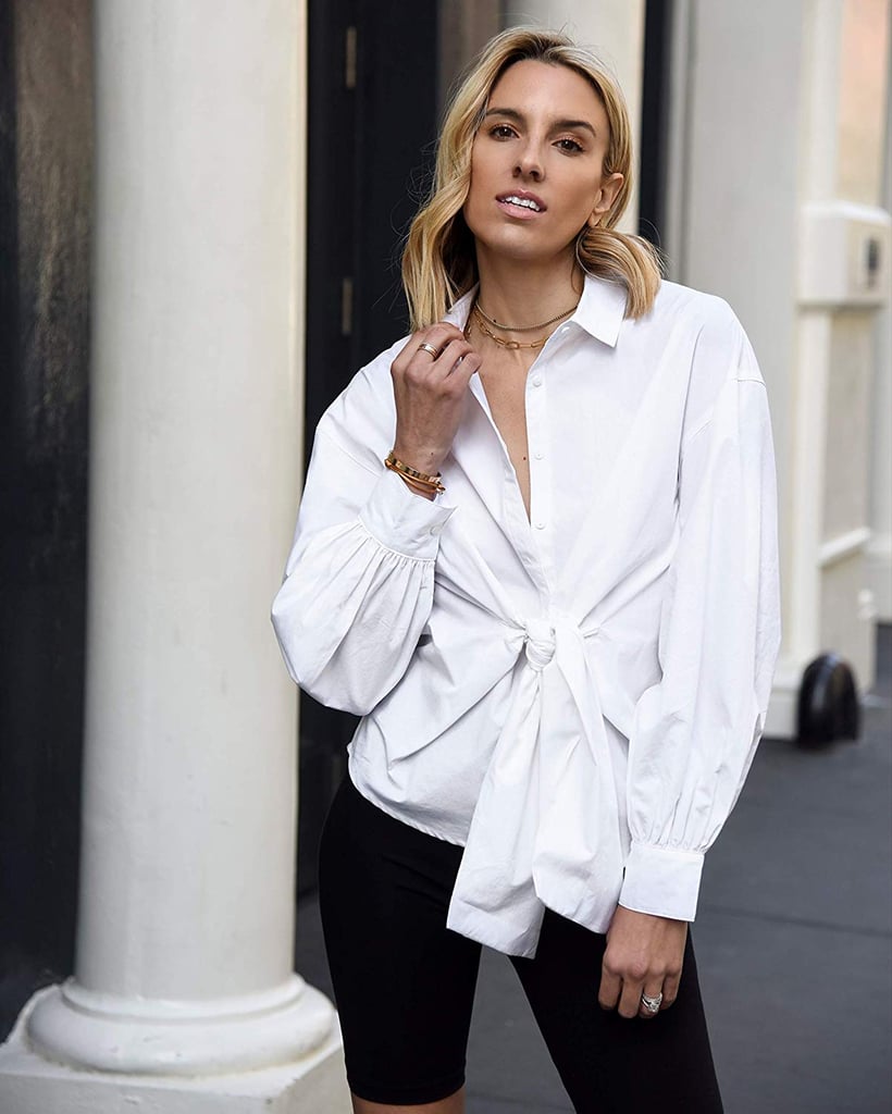 The Drop Women's White Drop-Shoulder Tie-Front Volume-Sleeve Button Down Shirt