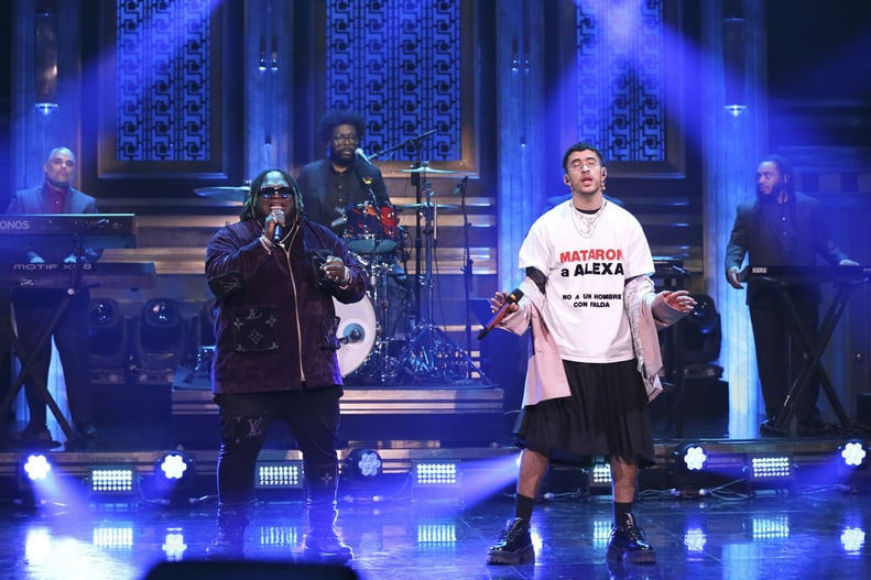 THE TONIGHT SHOW STARRING JIMMY FALLON -- Episode 1214 -- Pictured: Musical guest Bad Bunny & Sech perform on February 27, 2020 -- (Photo by: Andrew Lipovsky/NBC)