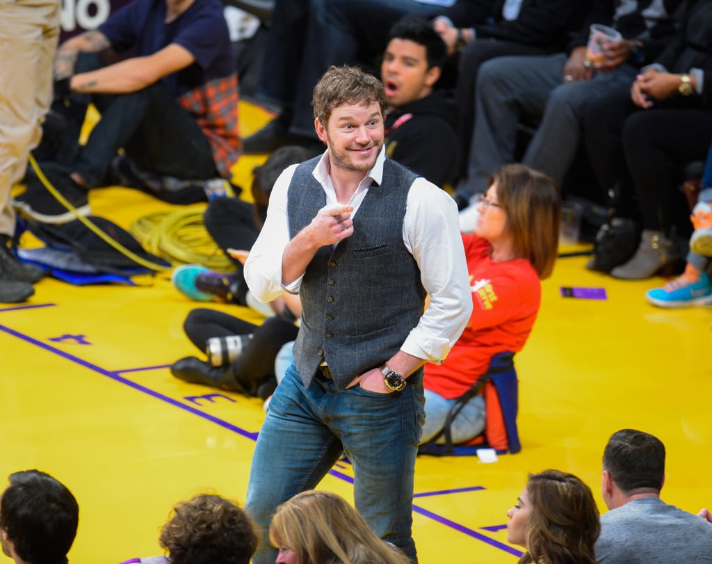 Chris Pratt got adorable at the LA Lakers vs. Orlando Magic basketball game in LA on Friday.