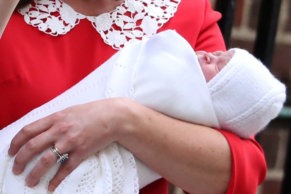 Britain's Catherine, Duchess of Cambridge presents her newly-born son to the media outside the Lindo Wing at St Mary's Hospital in central London, on April 23, 2018. (Photo by Isabel INFANTES / AFP)        (Photo credit should read ISABEL INFANTES/AFP/Getty Images)