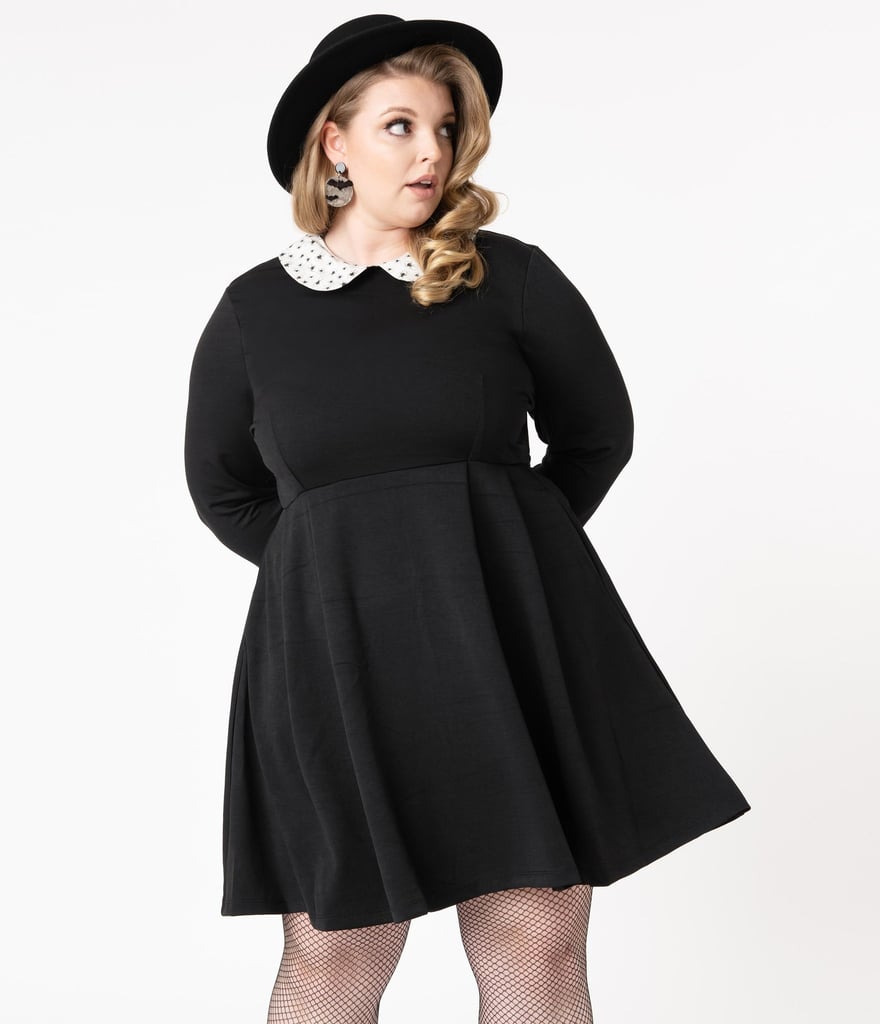 Smak Parlour Plus Size Black and Spider Print Collar New A-List Fit and Flare Dress