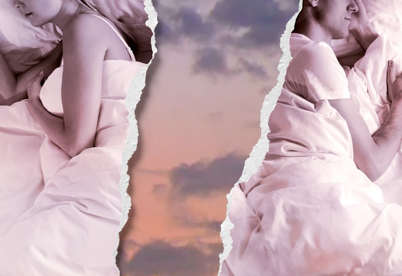 An image of a couple sleeping shows tears, as if it were a piece of paper ripped up. There is also orange cloud imagery.
