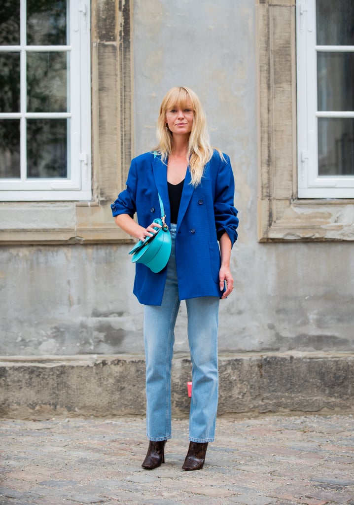 Autumn Outfit Idea: Blue Blazer + Jeans + Snake Print Boots