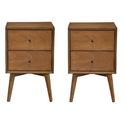 Alpine Furniture Flynn Mid Century Modern 2 Drawer Nightstand, Acorn (2 Pack)