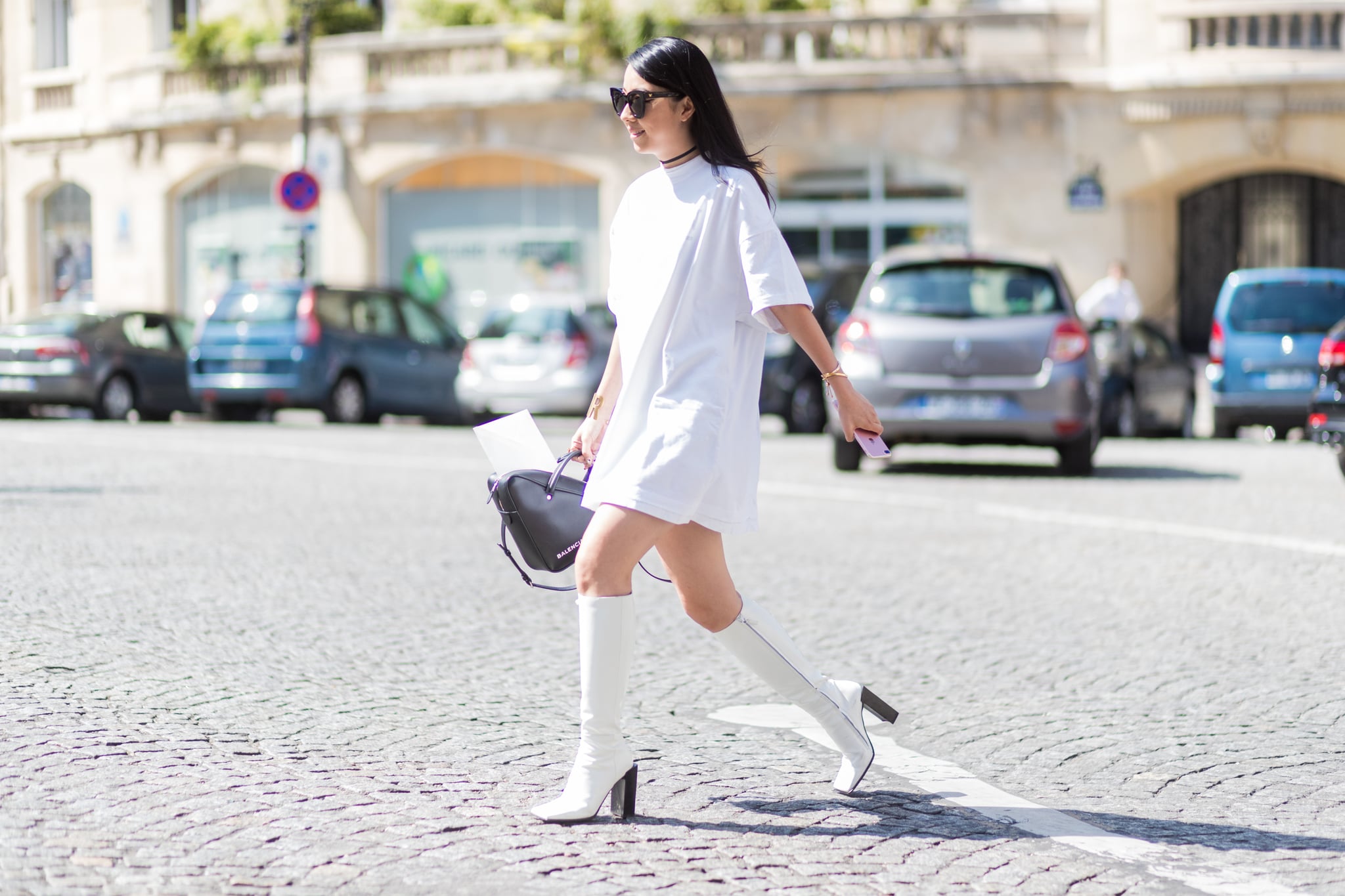 white dress with knee high boots