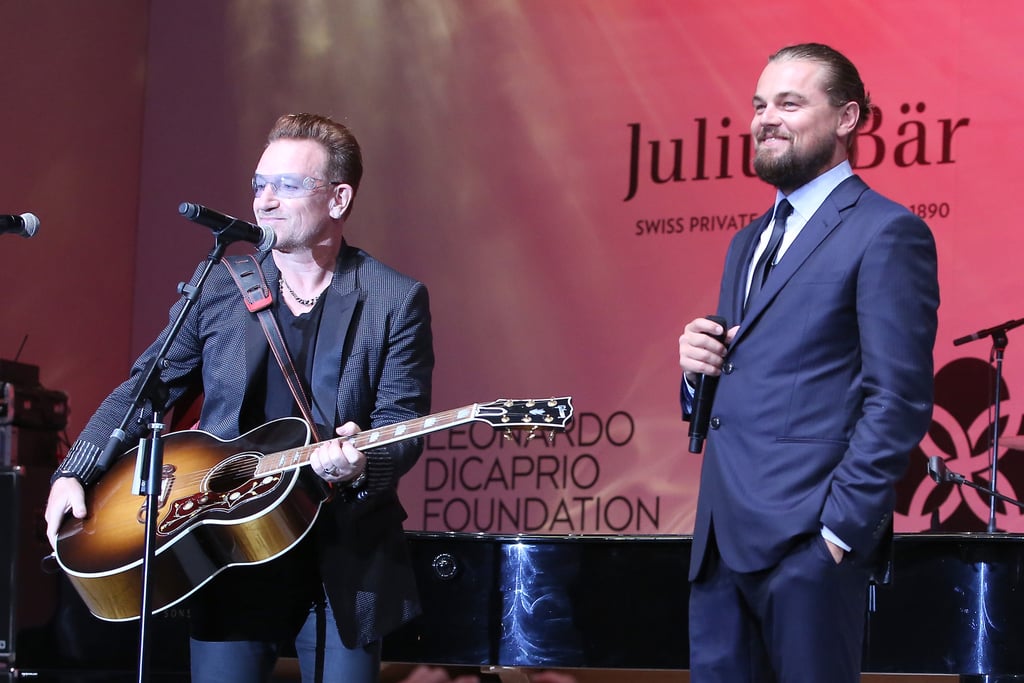Leonardo DiCaprio smiled at his foundation's gala in Saint-Tropez, France, on Wednesday while on stage with Bono.