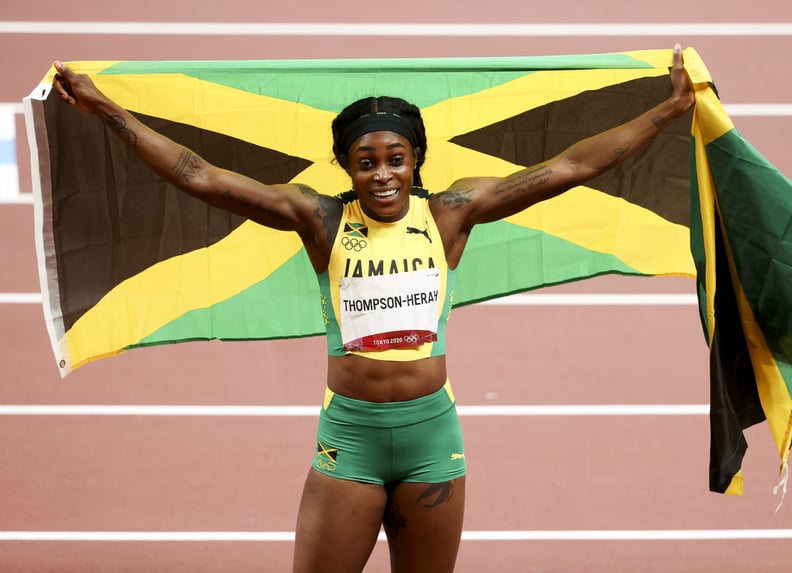 Elaine Thompson-Herah Celebrates Winning Gold in the Women's 200m at the 2021 Olympics