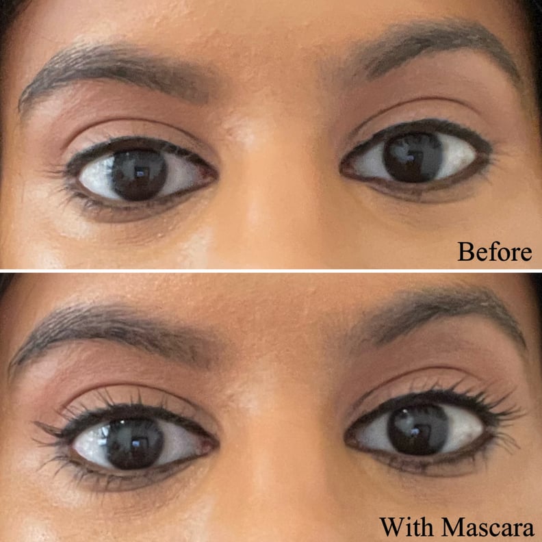 Before and after picture of woman's eyes displaying the effects of the Ami Cole Lash Amplifying Mascara on the eyelashes. The top picture has no mascara on the lashes, the bottom picture has the Ami Cole Lash Amplifying Mascara on the eyelashes.