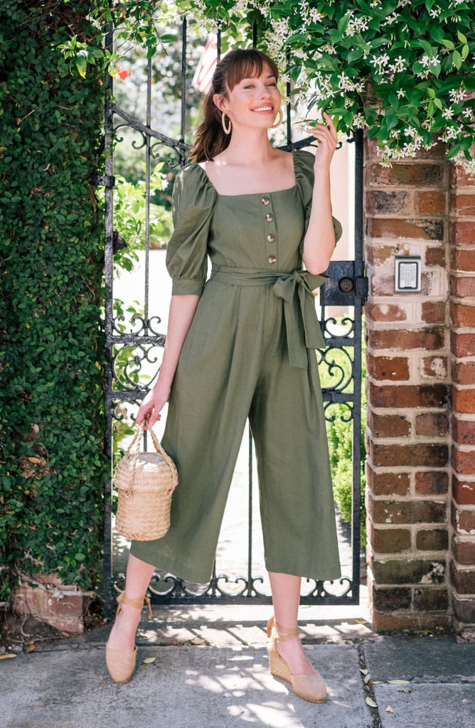 Gal Meets Glam Collection Sylvie Puff Sleeve Linen Blend Jumpsuit