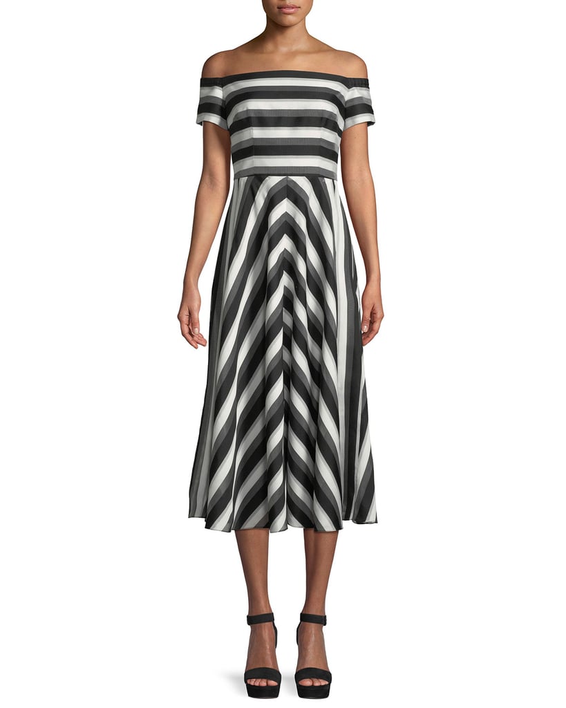 Lela Rose Off-the-Shoulder Striped Fit-and-Flare Dress