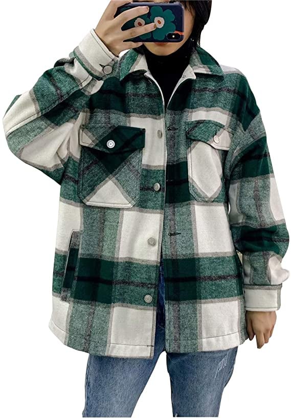 Liengoron Women Plaid Shacket Jacket Oversized Flannel Long Sleeve Plaid Shacket Shirt Jacket Button Down Plaid Shackets