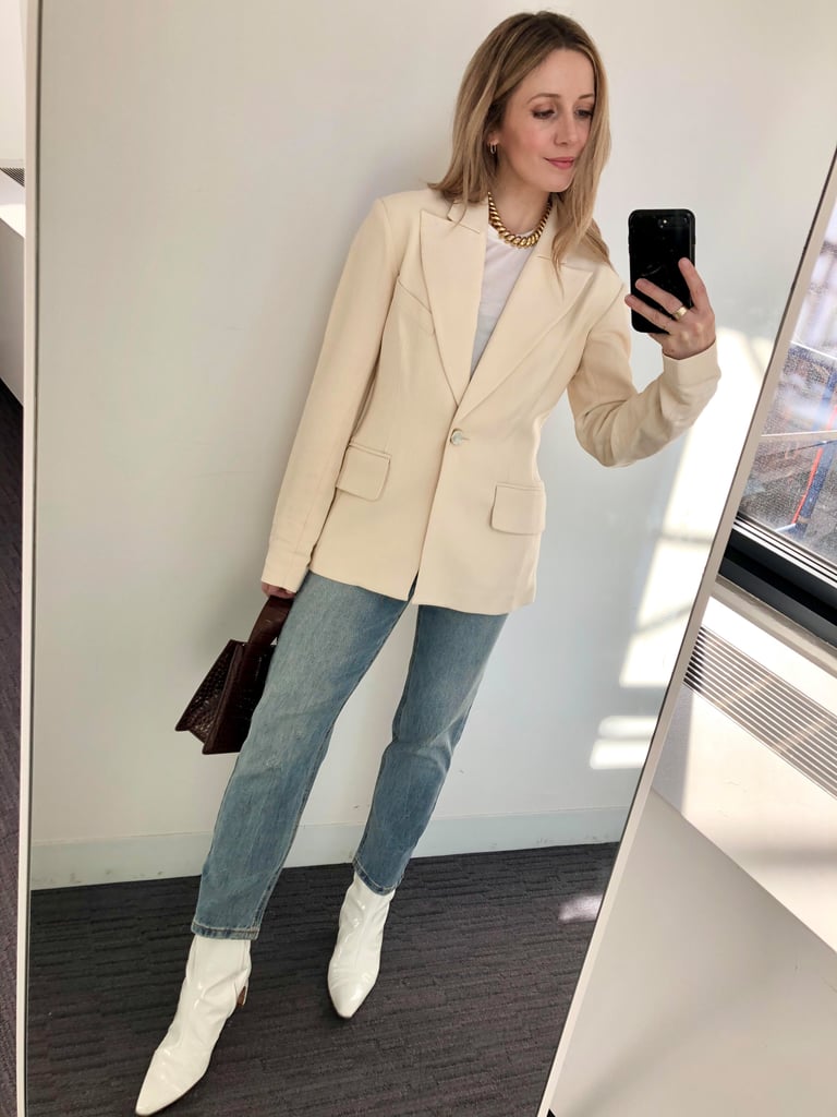 How I Styled My Straight-Leg Jeans: With A T-Shirt, Blazer, Ankle Boots, And A Bag