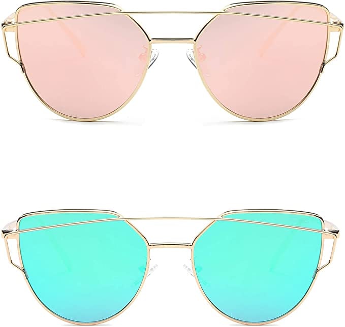 SOJOS Cat Eye Mirrored Pink and Blue/Green Lens Sunglasses (Pack of 2)