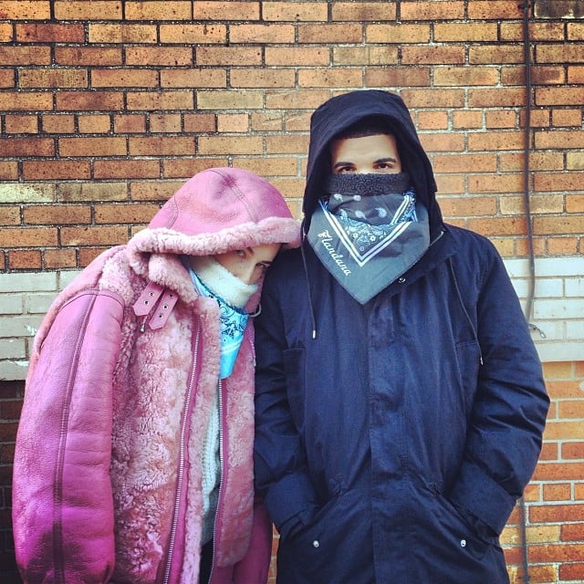 Drake and stylist Haley Wollens stayed warm in matching bandanas.
Source: Instagram user champagnepapi