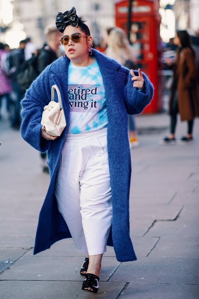 With a Tie-Dye Top, a Light Coat, and Glittery Mules