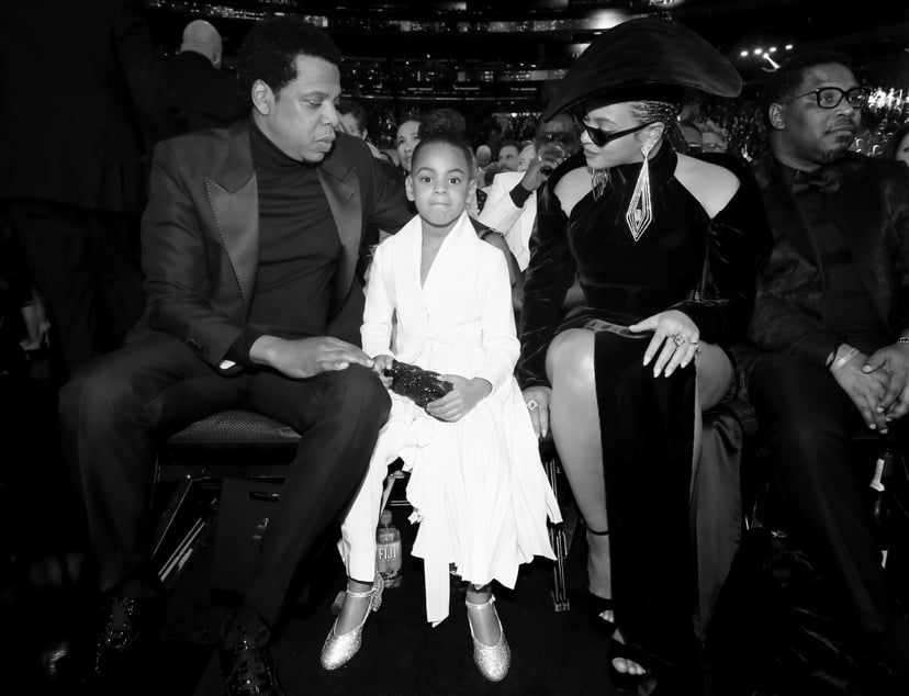 NEW YORK, NY - JANUARY 28:  (EDITOR'S NOTE: Image has been converted to black and white.)  (L-R) Recording artist Jay-Z, Blue Ivy Carter and recording artist Beyonce attend the 60th Annual GRAMMY Awards at Madison Square Garden on January 28, 2018 in New 